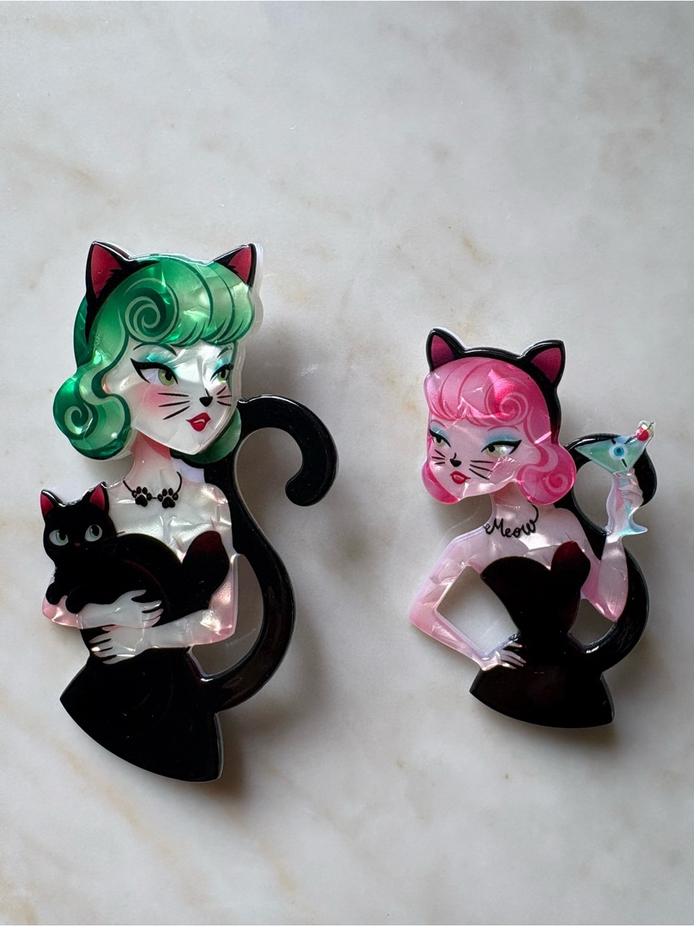 Halloween Cat Girl Pin Brooch Set in Green and Pink